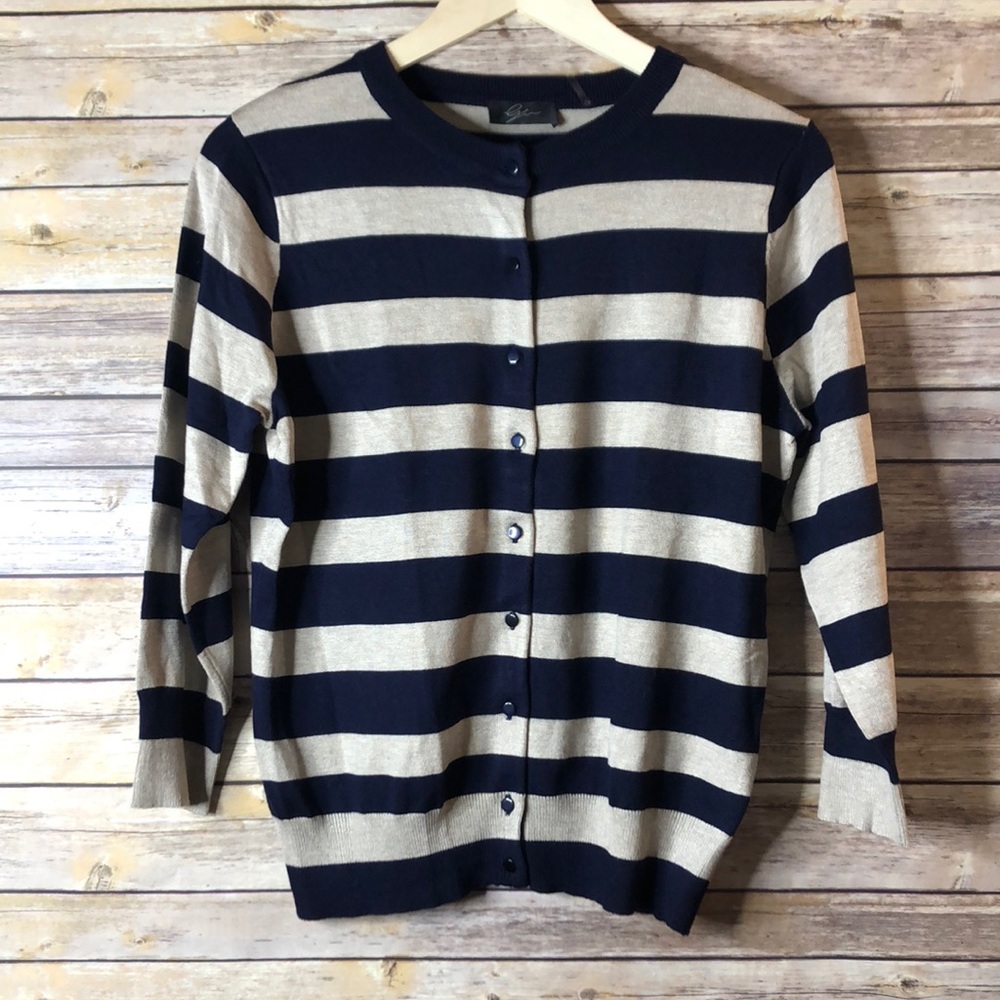 Navy and Cream Striped Cardigan L